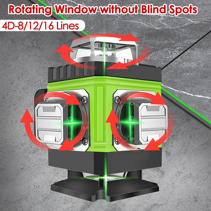 Industrial Laser Level - 8/12/16 ラインレーザーレベル 4D グリーンラインセルフレベリング 360 水平および垂直レーザーレベルグリーンビームリモート